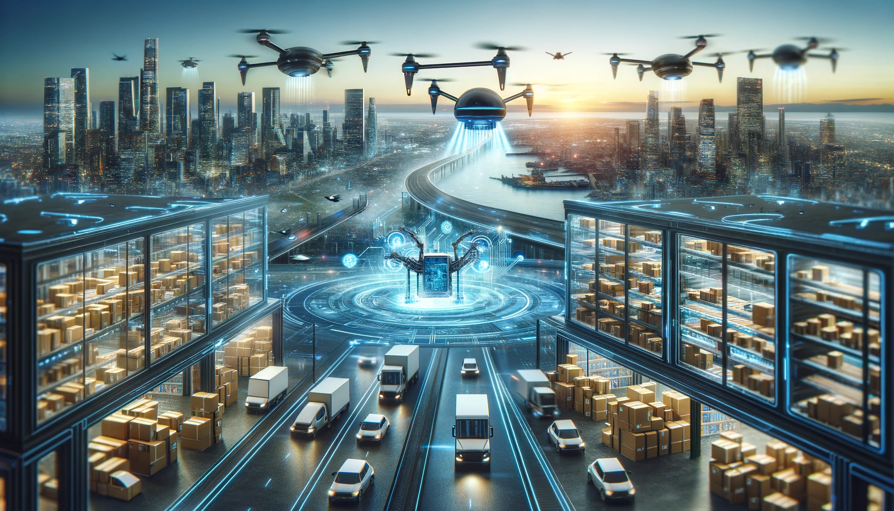 Uma imagem mostrando a integração da inteligência artificial na logística para entregas ecommerce no mesmo dia e no dia seguinte